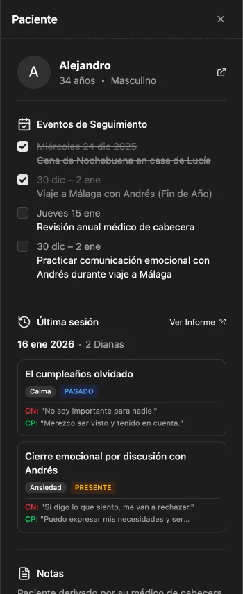 Panel de información del paciente con historial de sesiones y notas