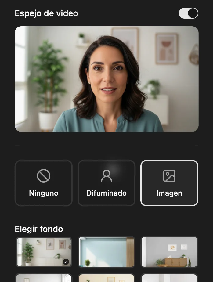 Opciones de fondo virtual y espejo de vídeo