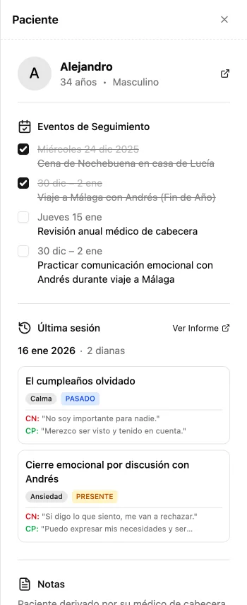 Panel de información del paciente con historial de sesiones y notas